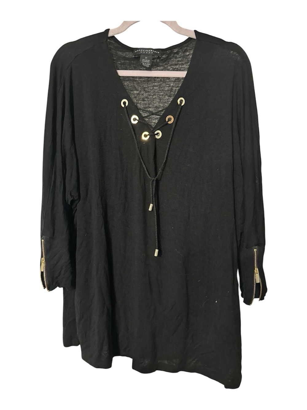 Grace Elements Black Lace-Up V-Neck Tunic with Gold zippers on sleeves 2x rayon